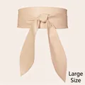 Plus size beige PU leather wrap waist belt with long ribbon bow for women - Plus Size / Beige