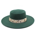 Detail of dark green wide brim wool fedora hat with geometric patterned woven band - M (56-58cm) / Dark Green
