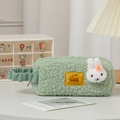 Detail of green plush bunny stationery pouch with soft lamb wool and corduroy handle - Green