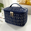 Navy blue tweed vanity bag with gold weaving and top handle for travel makeup - Navy Blue