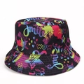 Close-up of black bucket hat with colorful street graffiti print and smile text - WOW Graffiti