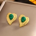 Macro view of gold heart earrings featuring green malachite stone and twisted edges - Gold Turquoise E-248