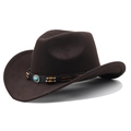 Detail of dark brown wool felt cowboy hat featuring turquoise stone and wood bead belt - M (56-58cm) Adjustable / Coffee
