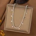 Silver color titanium steel necklace with sparkling rhinestones and star charms - 【xlh1220】full Diamond Star Pattern Steel Color