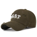 Distressed olive green baseball cap with white BST embroidery and frayed brim detail - Dark Coffee