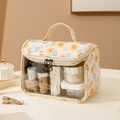 Transparent makeup bag with yellow floral print, top handle and dual zipper closure - Flip-top Style / Yellow Floral