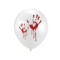 Nahaufnahme eines weißen Latexballons mit roten blutigen Handabdrücken für Halloween-Feiern - Weißer Ballon