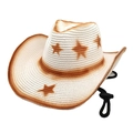 Detail of cream straw cowboy hat featuring brown star patterns and adjustable chin strap - M(56-58cm) / Pure White