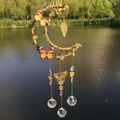 Moon dream catcher wind chime with green leaves, monarch butterflies and crystal prisms - Citrine