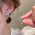 Boucles d'oreilles étoile de luxe avec cristal bleu clair, pavé de zircons et glands argent - Étoile de Diamant Météore (38#)