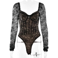 Body aderente in pizzo nero a maniche lunghe con dettagli steccati stile corsetto - S / Nero