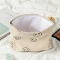 Trousse à maquillage en velours côtelé blanc crème avec motif smiley mignon - Grand / Grande Trousse à Maquillage Beige Yeux en Cœur
