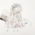 White cotton linen scarf featuring colorful floral prints and handmade tassels for women - White With Blue And Pink Small Flowers And Tassels (XB709)