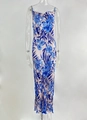Robe longue plissée ajustée à imprimé floral rose et bleu avec fines bretelles - Imprimé Tropical Bleu