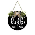 Round black Hello Spring wooden sign with faux greenery and burlap checkered bow - 28x28x0.5cm / Black Spring Style (M80557Q)