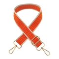 Close-up of orange adjustable wide shoulder strap with golden metal lobster clasps - Gold Buckle / Orange