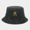 Washed charcoal grey bucket hat with detailed yellow sunflower embroidery on front - M (56-58cm) / Black