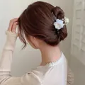 Detail of camellia flower hair claw clip with pearl center on tortoiseshell resin base - Camellia Claw Clip