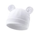 Close-up of white knitted baby beanie with cute 3D round ears and soft rolled edges - White (Large Ear)