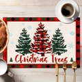 Weihnachts-Tischset mit Karomuster auf Holztisch mit Kaffee und Besteck - CD40-2/Wasserdichtes Leinen/Weihnachtsbaum Schneeflocken Muster / 30x45cm