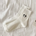 White cotton mid-calf socks featuring cute black panda animal embroidery details - White - Black Dog