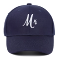 Detailed close-up of white Mr. embroidery on a navy blue cotton baseball cap - Adjustable / Navy Blue MR