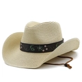 Chapeau de paille unisexe avec broderie florale ethnique et jugulaire réglable chic - Beige