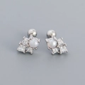 Pendientes de plata S925 con circonita cuadrada y perla sintética, cierre de rosca - Plata 925 / Oro Blanco