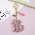 Portachiavi gatto con cristalli rosa catena dorata e nappa in pelle scamosciata per borse - Rosa