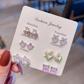 Detailed close-up of a 6-pair mini stud earring set with pink heart and flower motifs - E1571-1 Pink Cherry Bow Style