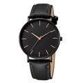 Minimalist quartz watch with black dial, rose gold markers and black leather strap - Black Leather Band Black Case Rose Gold Hands