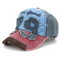 Close-up of vintage denim baseball cap with patchwork design and 79 embroidery - Adjustable / Wine Red + Blue