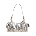 Retro metallic silver shoulder bag with side buckle pockets and adjustable strap - Silver