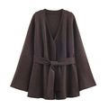 Minimalist deep brown belted knit coat with elegant flared sleeves and V-neckline - S / Coffee