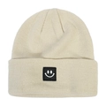 Close-up of beige ribbed knit beanie with a square black smiley face woven patch - Beige