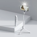 White foldable bluetooth selfie stick tripod with integrated LED fill light extension - White Extended 93cm With Light (Z5S)