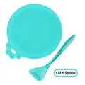 Teal silicone pet food can lid with cat paw handle and spoon set for dog and cat cans - Cyan Can Lid + Spoon