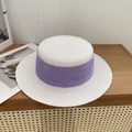 White hand-woven flat top boater straw hat with a purple pleated chiffon ribbon band - M / White with Purple Ribbon