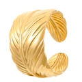 Adjustable wide gold-plated ring featuring detailed embossed feather texture design - Feather Vein Style (X306)