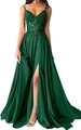 Elegant emerald green satin evening dress with sequin lace bodice and high leg slit - L (US 12) / Dark Green