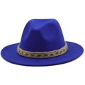 Detail of royal blue wool fedora featuring a colorful bohemian embroidered rope band - Sapphire Blue
