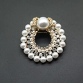 Elegant gold round brooch with a large central pearl surrounded by white crystals - Pearl Wreath