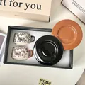 Retro forest style ceramic coffee cup and saucer set with deer patterns in a premium gift box - Black + Brown Gift Set