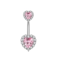 Silver belly button ring with two pink heart gemstones and clear zircon inlay - Silver With Pink Zirconia