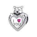 Silver bear charm hugging a heart with I LOVE YOU engraving and red gemstone - Bear Holding Heart (CYT369)