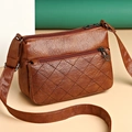 Brown leather crossbody bag with quilted stitching for women featuring adjustable straps - Style 2 Brown