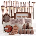 Comprehensive brown makeup set with brushes, sponges, hairband and washbag on white base - Ultimate Full Set / Brown