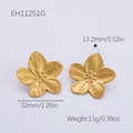 Textured titanium steel flower earrings in 18K gold finish with measurement details - Gold Flower Style (EH11251G)