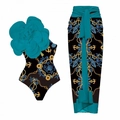 Two-piece swimsuit set with 3D floral one-shoulder monokini and anchor print sarong skirt - Lake Blue Print Set
