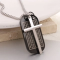 Silver cross and black military dog tag necklace with engraved scripture on stone background - Engraved Dog Tag Cross / Black